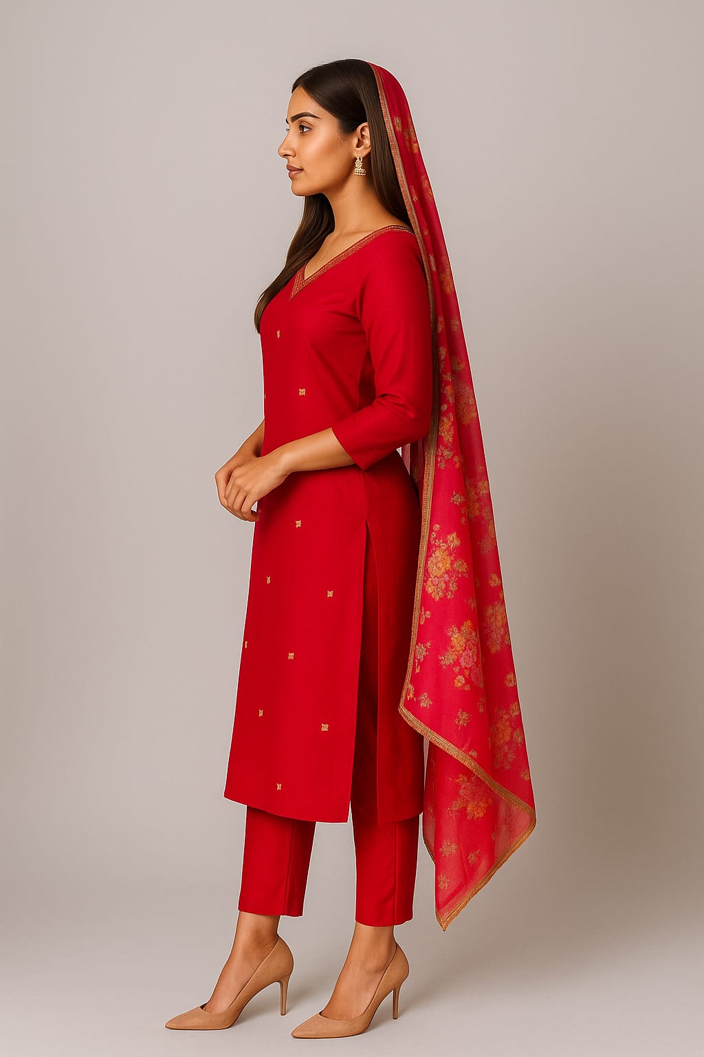 Silakaari Pure Heavy Hand Work V-Neckline Kurti Pant Dupatta Set