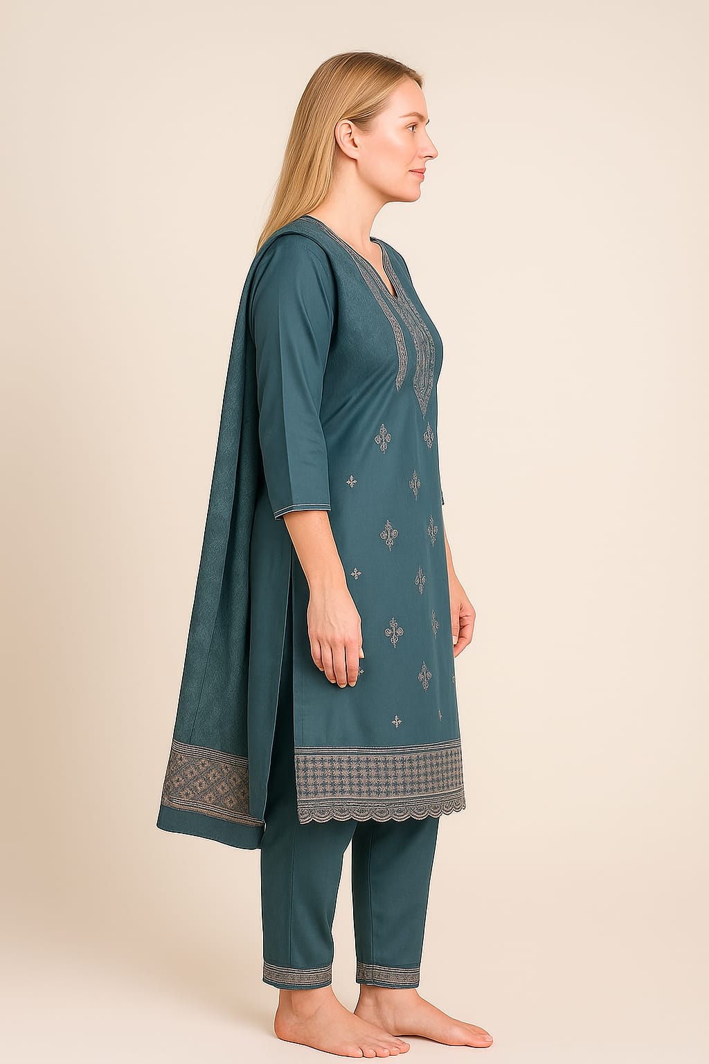 Silakaari Women's Fine Embroidered Dola Silk Kurti Pant Dupatta Set
