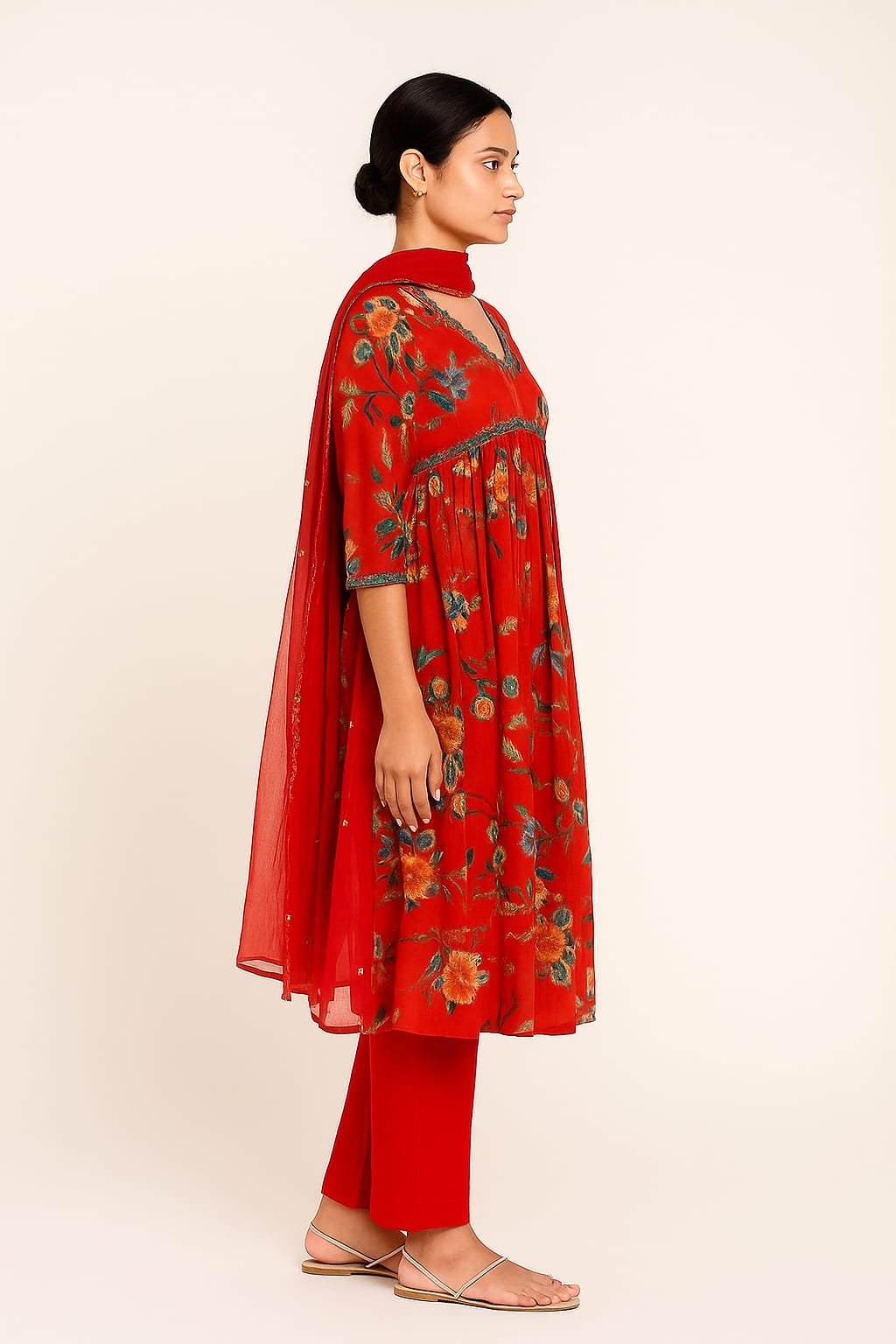 Silakaari Carrot Alia Style Pure Chinon Hand-work Kurti Set with Dupatta