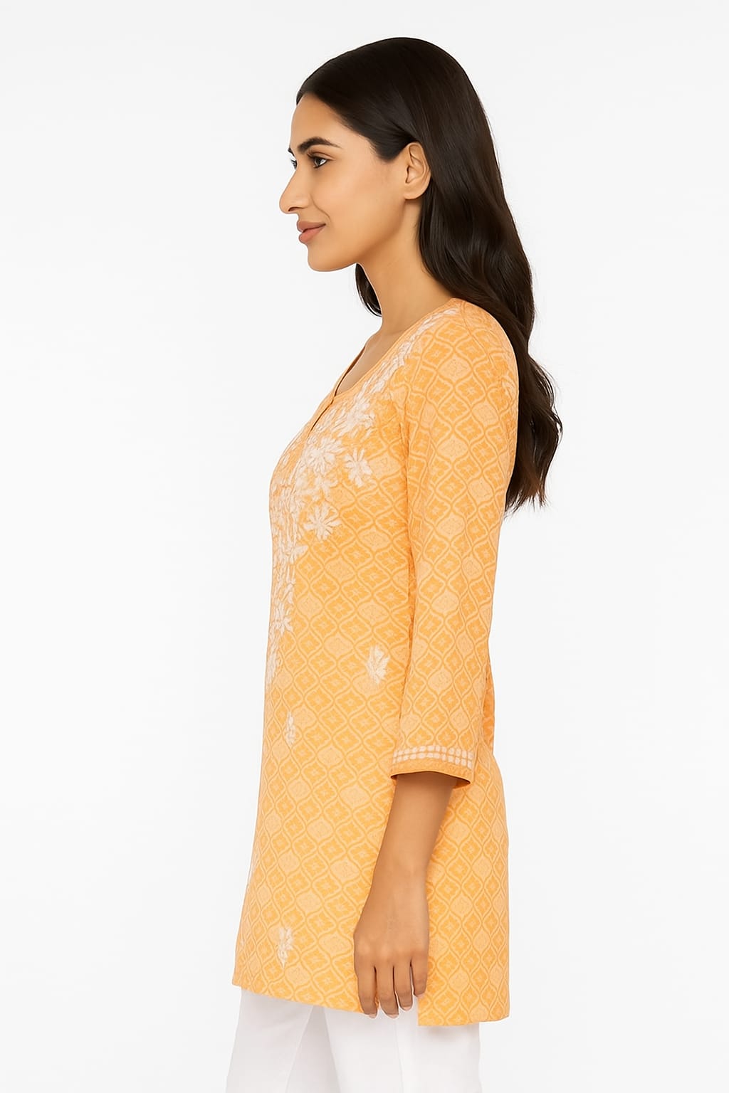 Silakaari Peach Foil Printed Lucknowi Straight Short Kurti With Pant Set