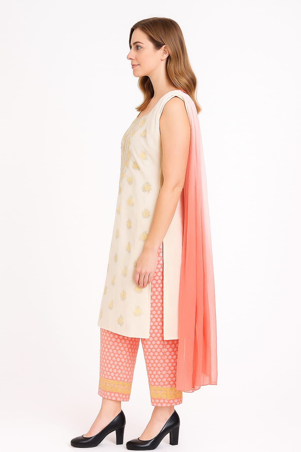 Silakaari Gulabi Polka Dot Pure Cotton Premium Lucknowi Dress Material With Dupatta