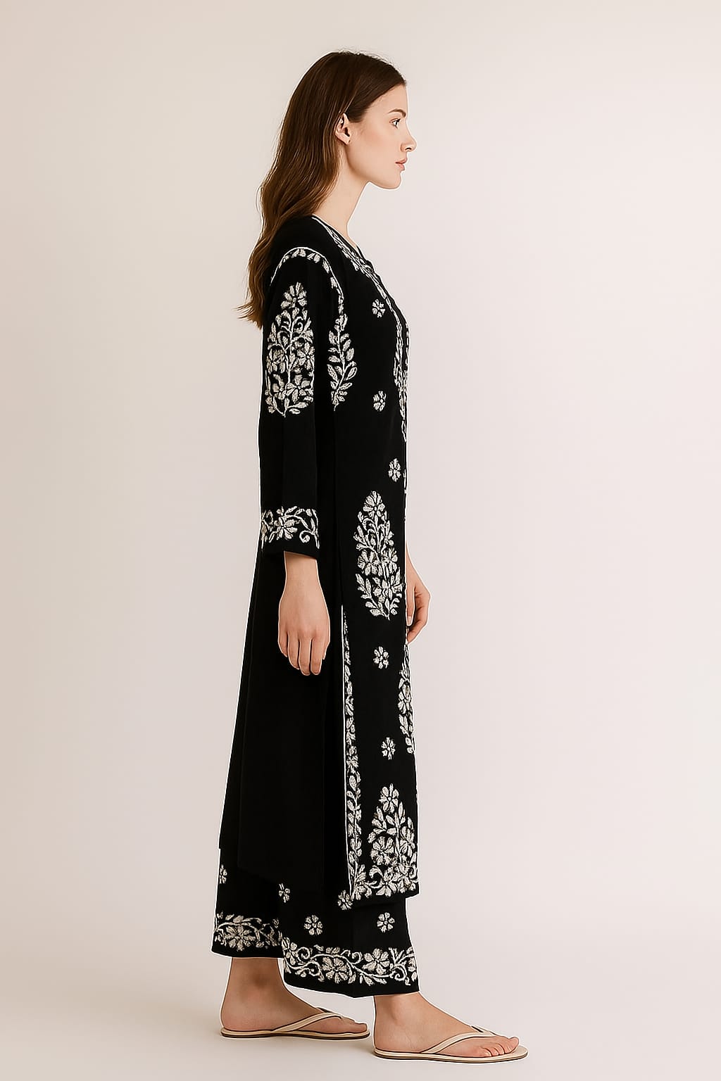 Silakaari Women's Pure Modal Lucknowi Premium Kurti Palazzo Set