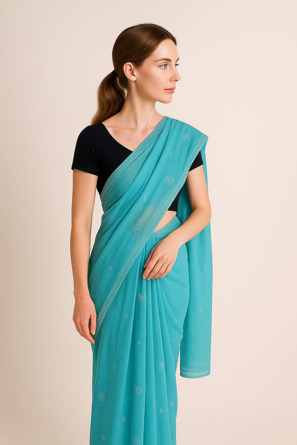 Silakaari Aasmani Pure Cotton Fine HandWork Super Delux Lucknowi Saree