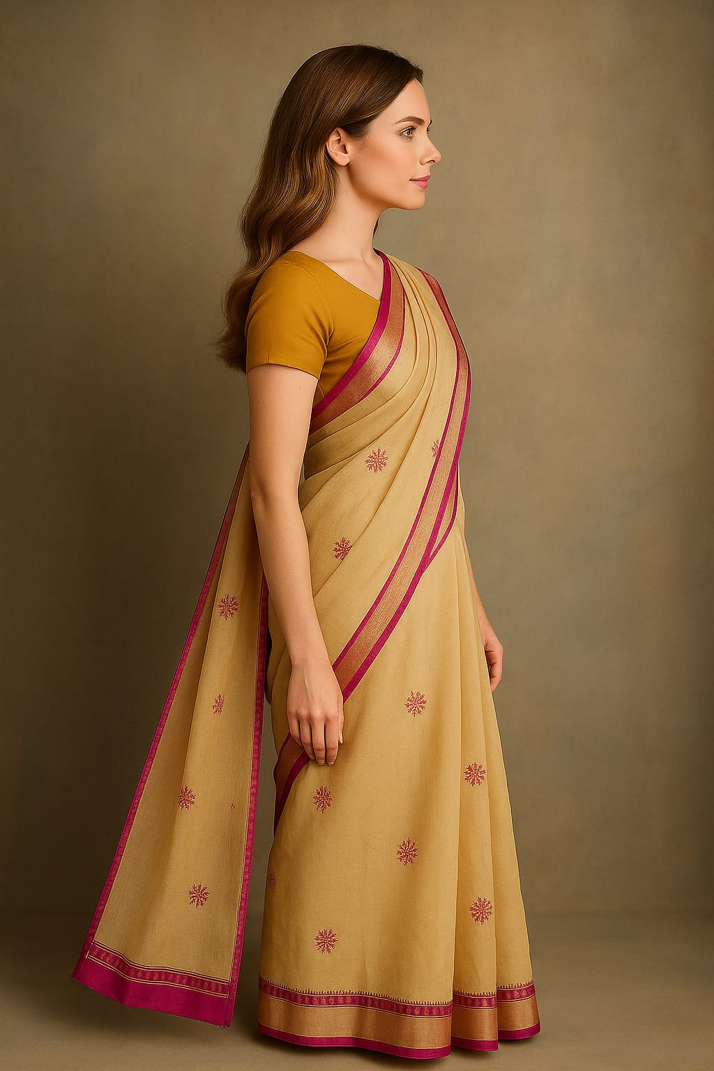 Silakaari Naaz Cream-Magenta Pure Chanderi HandWork Lucknowi Premium Party Wear Saree