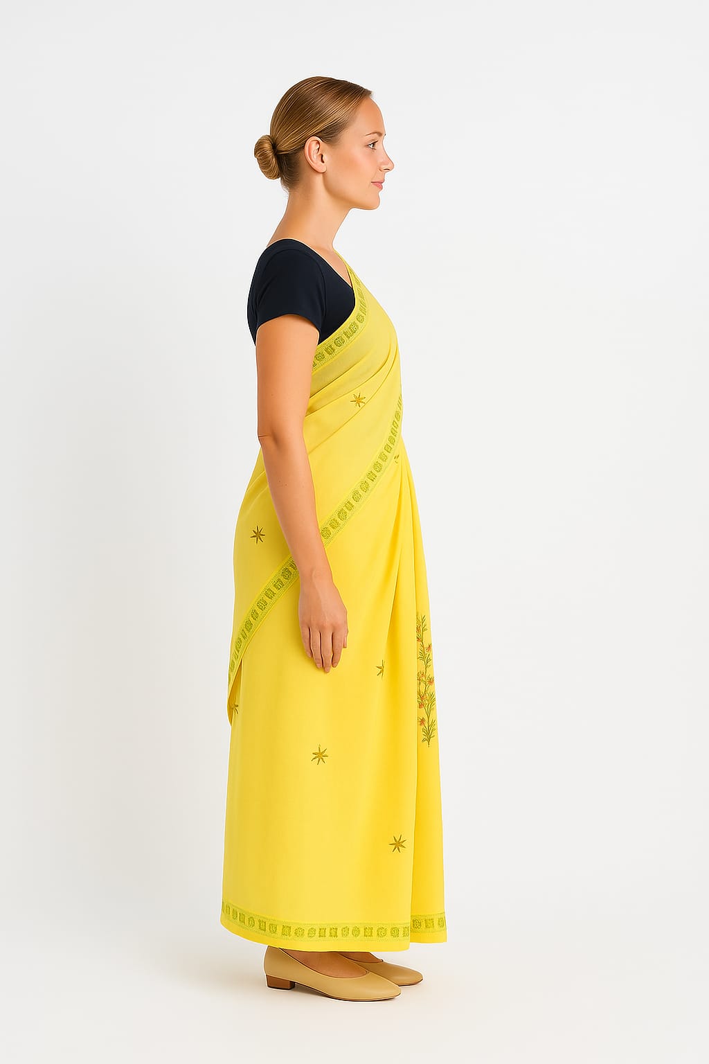 Silakaari Surajmukhi Yellow-Green Pure Cotton HandWork Lucknowi Saree