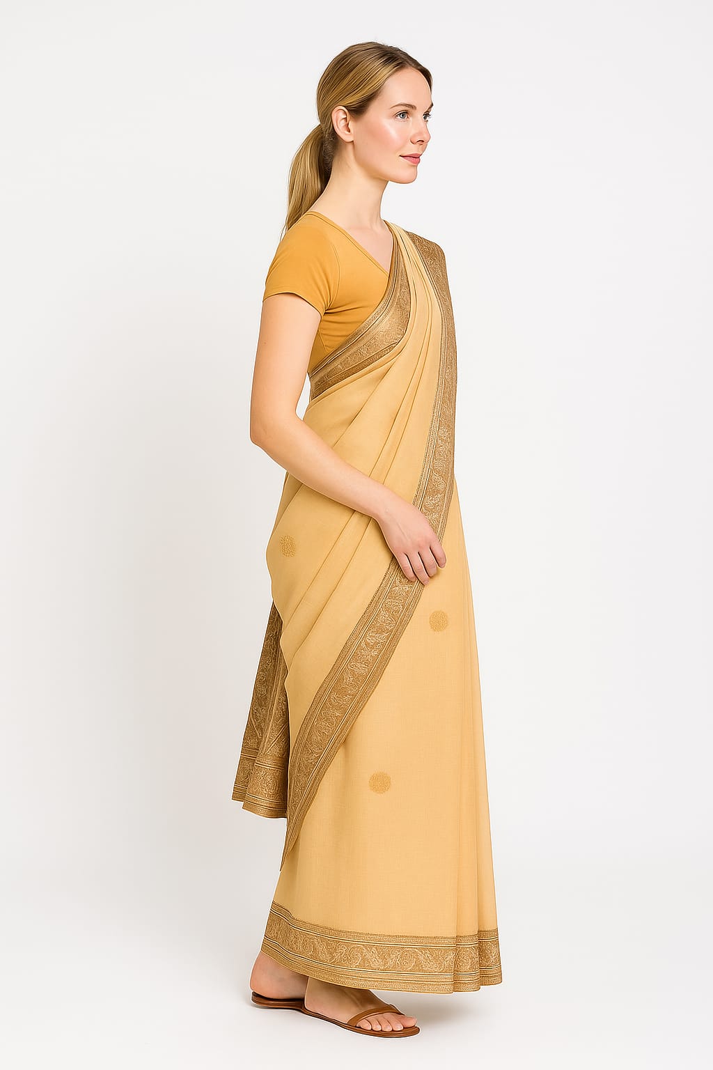 Silakaari Suvidha Beige-Gold Pure Chanderi Premium HandWork Partywear Saree