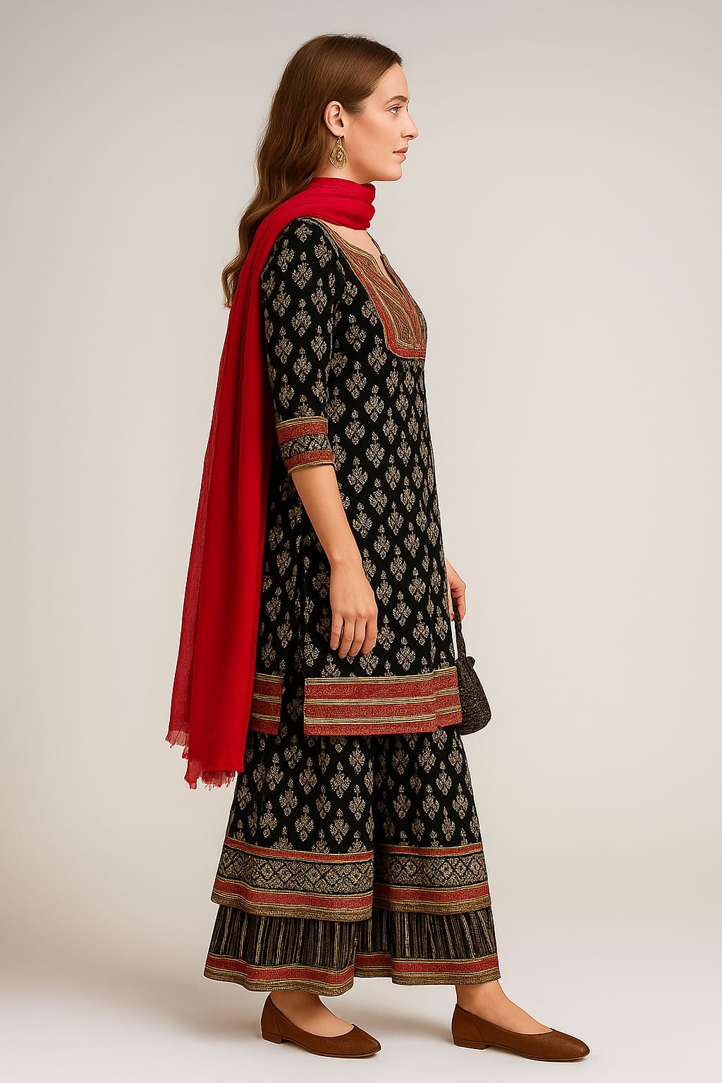 Silakaari Women's Black-Red Heavy Gota Patti Full Garara Set With Potli