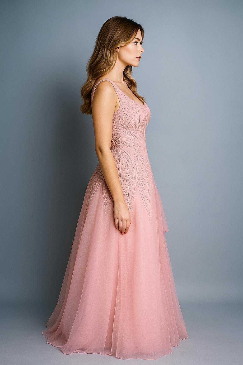 Silakaari Dusty Pink Party Wear Pearl Sequins Diamond Bridal Ball Gown