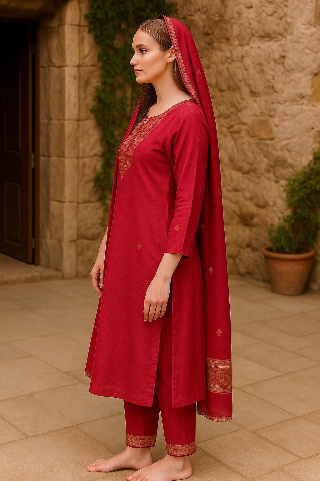Silakaari Women's Dola Silk Heavy Gota Hand Work Kurti Pant Dupatta Set