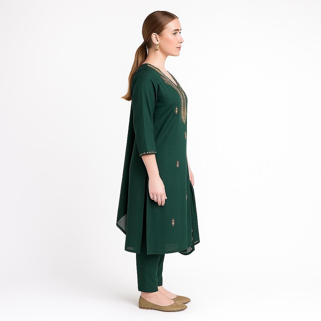 Silakaari Pure Hand-work festive Dark Green Kurti Pant Set
