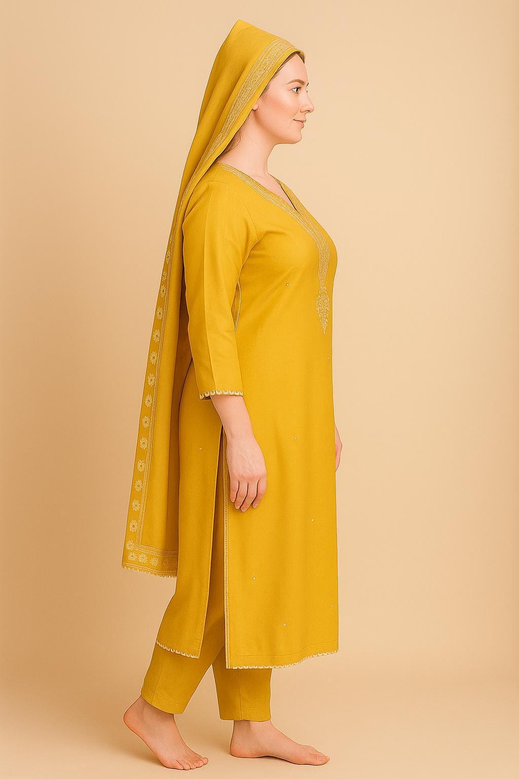 Silakaari Women's V Style Pearl Heavy Embroidered Pure Dola Silk Kurti Pant Dupatta Set