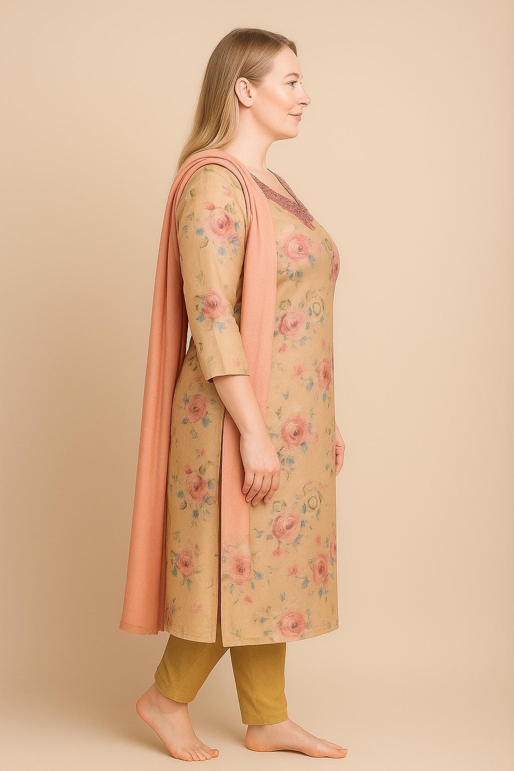 Silakaari Women's Beige-pink Sequin Mirror Fancy Salwar Kameez Digital Dupatta Set