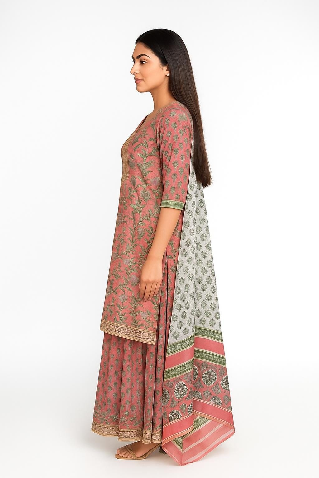 Silakaari Pink Dutch Floral Cotton Gota patti Hand block Short Kurti with Sharara Set