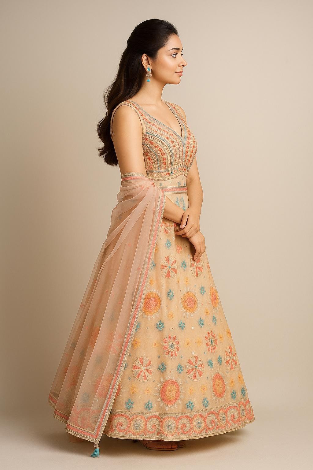 Silakaari Beige Pure Net Heavy Embroidery Mirror Thread Work Unstitched Lehenga Sharara Set