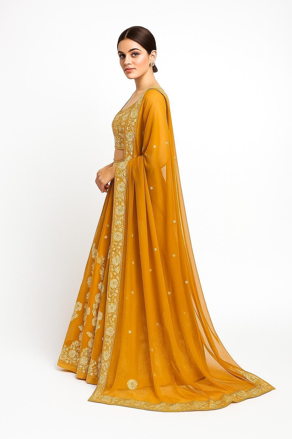 Silakaari Mustard Fancy Floral Sequin Heavy Parywear Unstitched Lehenga Sharara Set