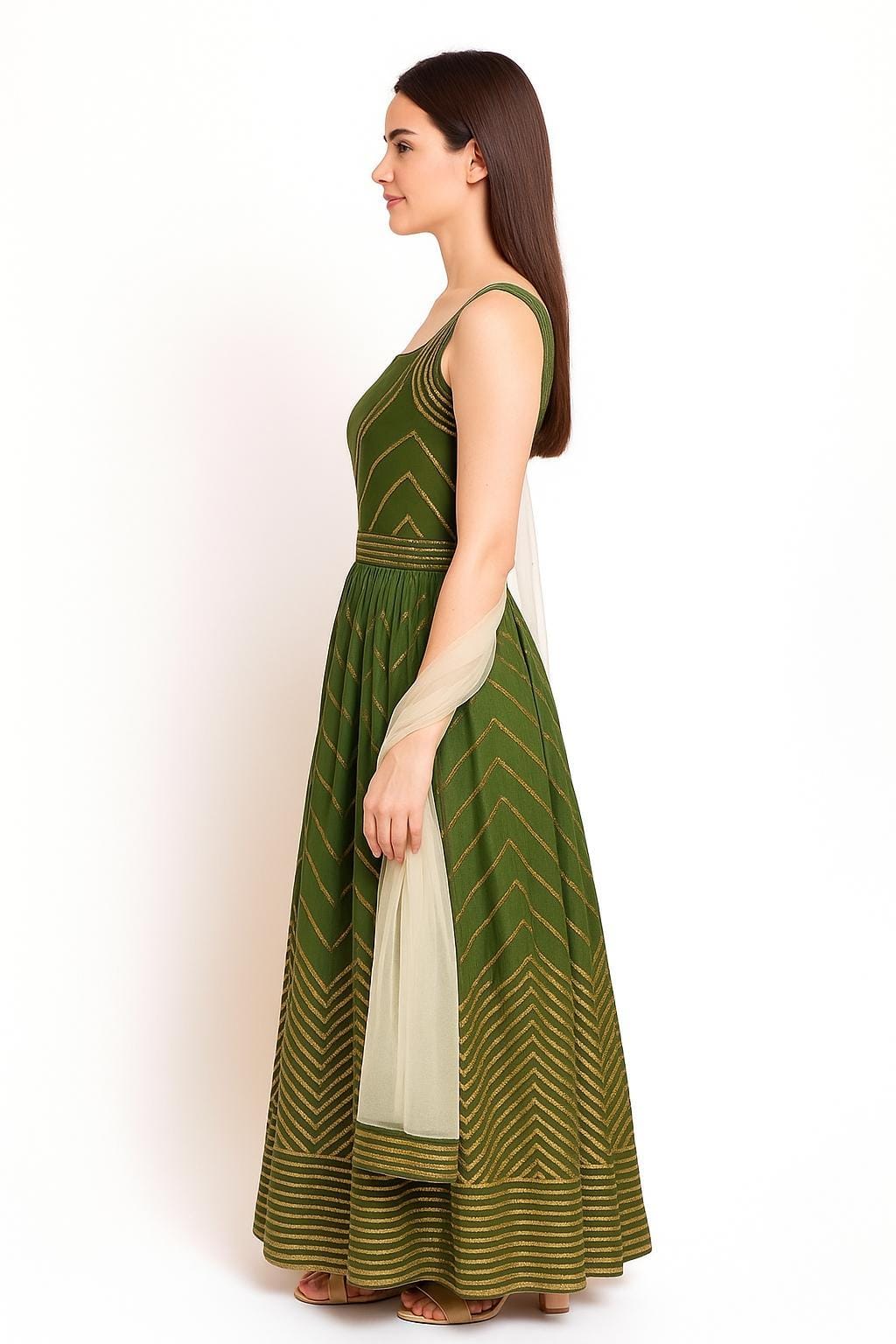 Silakaari Mehendi-Gold Shaded Pure Crepe Sequin Evening Unstitched Lehenga Sharara Set