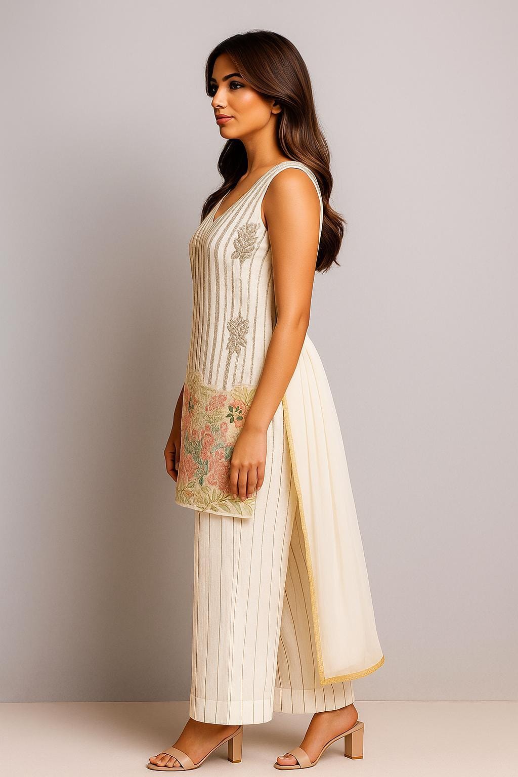 Silakaari Pure Cream Gold Sequin Hand-Work Party Wear Crepe Fancy Kurti Palazzo Set
