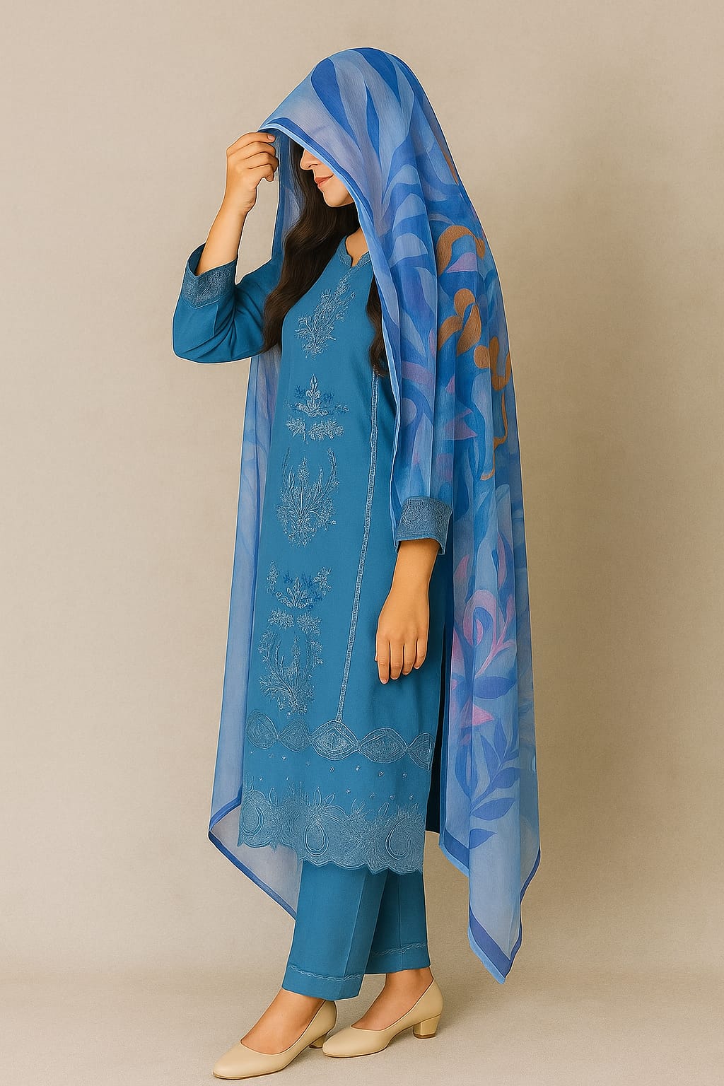 Silakaari Izhar Powder Blue Heavy Embroidery Organza Patch Pure Lawn Ready-Made Dress