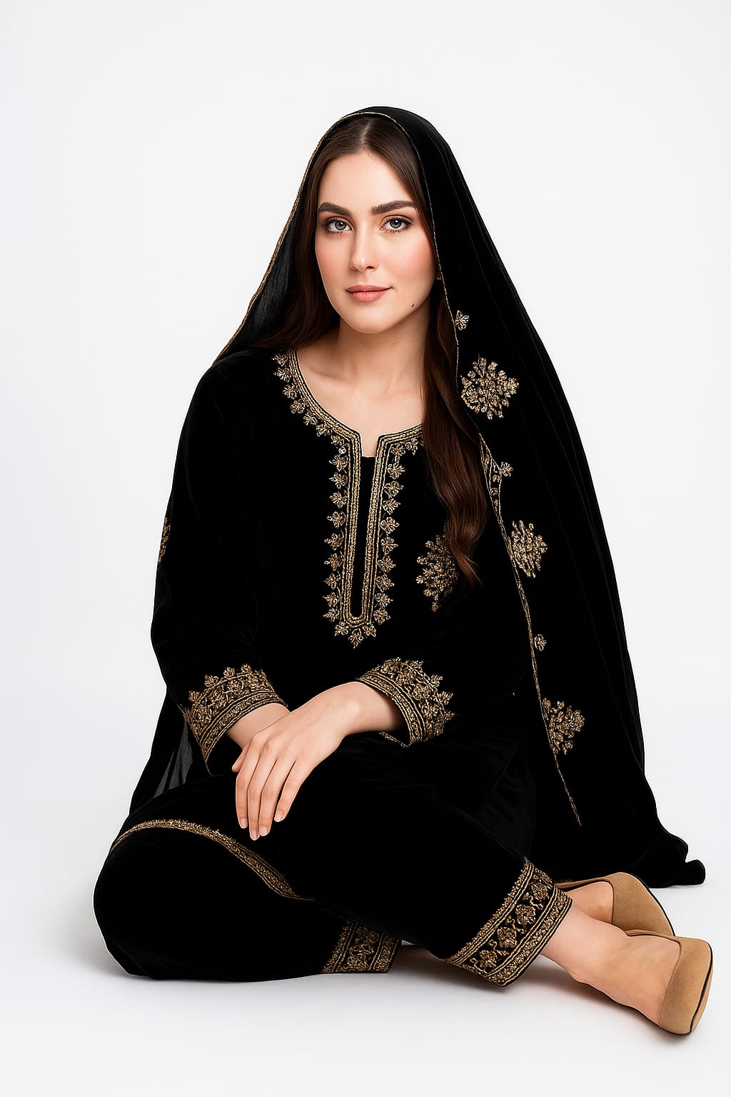 Black Classic Velvet Embroidery Work Heavy Bridal Kurti Pant Set
