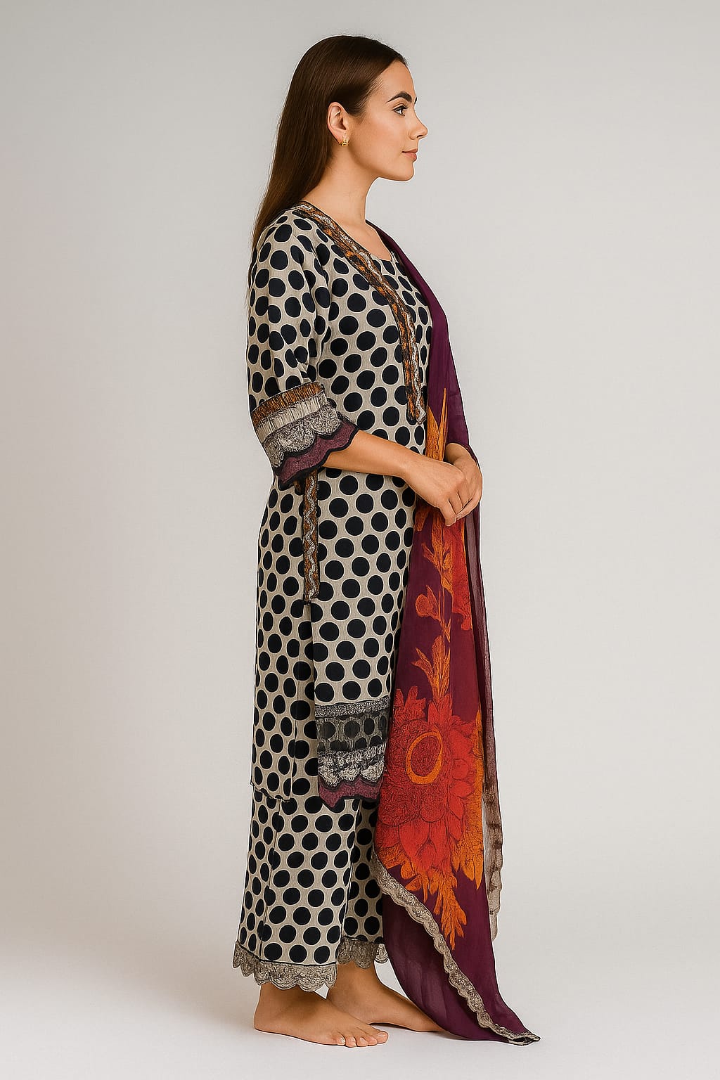 Silakaari Farhat Polka Dot Pure Lawn Beige-Black Luxury Ready-Made Dress