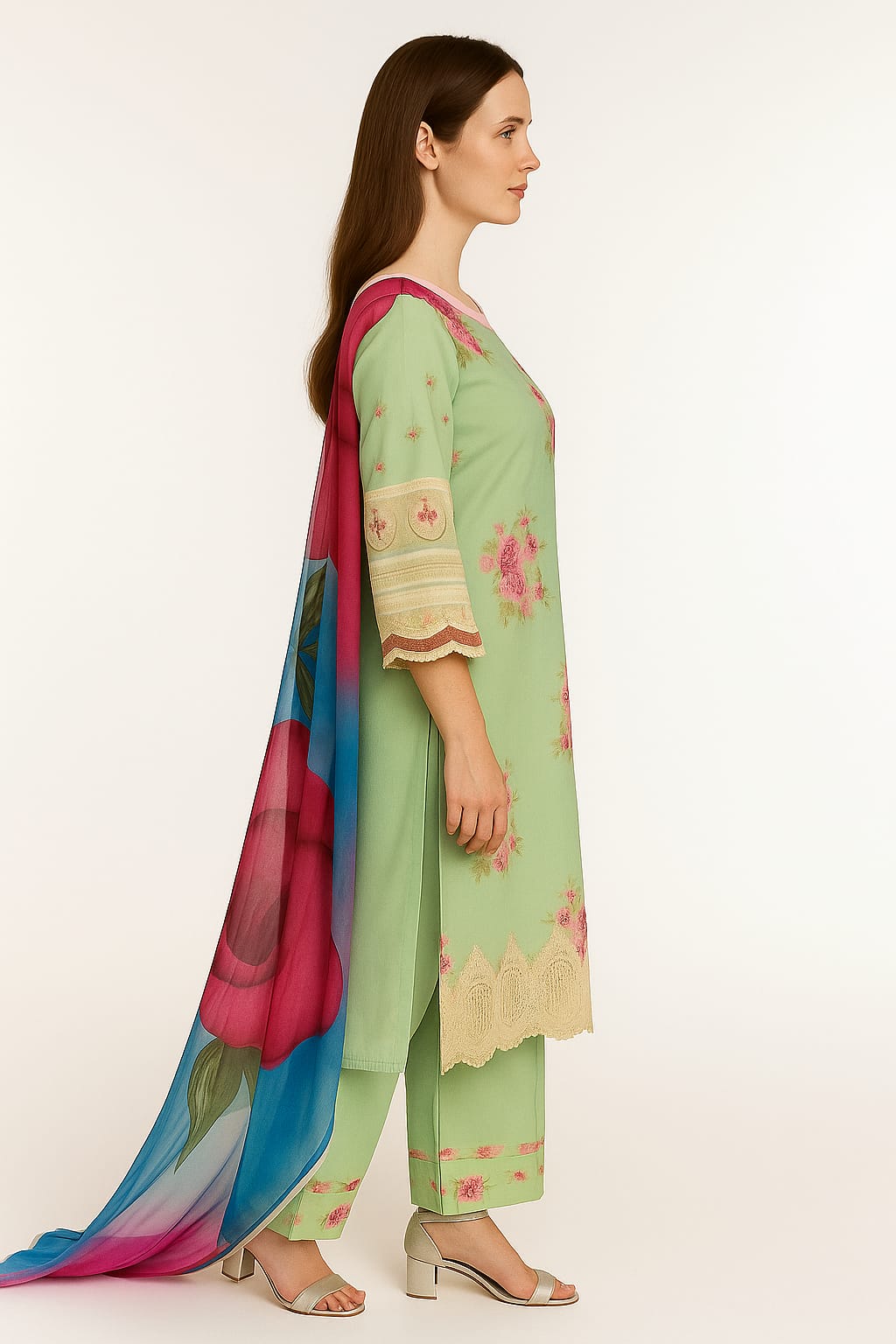 Silakaari Haseen Floss Green Pure Lawn Floral Organza Patch Work Premium Ready-Made Dress