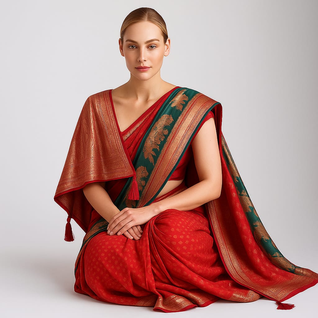 Silakaari Saba Green-Pink Heavy Zardosi Hand Work Bridal Saree