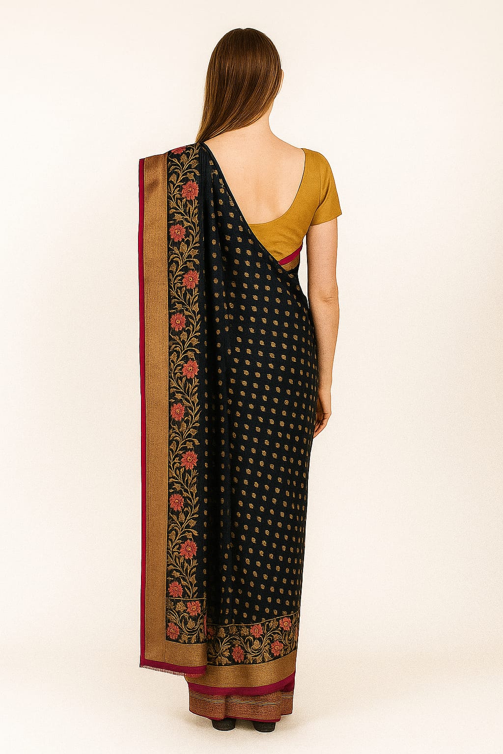 Silakaari Ada Navy Blue-Hot Pink Pure Floral Silk Banarasi Saree