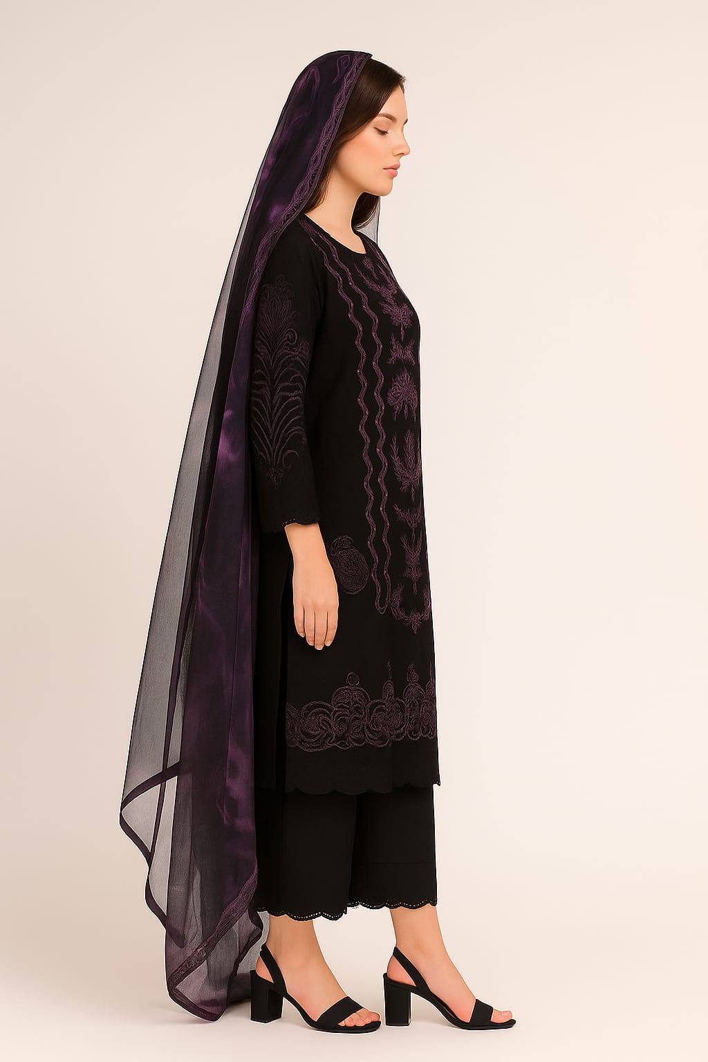 Silakaari Kurbat Pure Lawn All Over Embroidery With Sequin Black-Purple Full Patch Work Ready-Made Dress