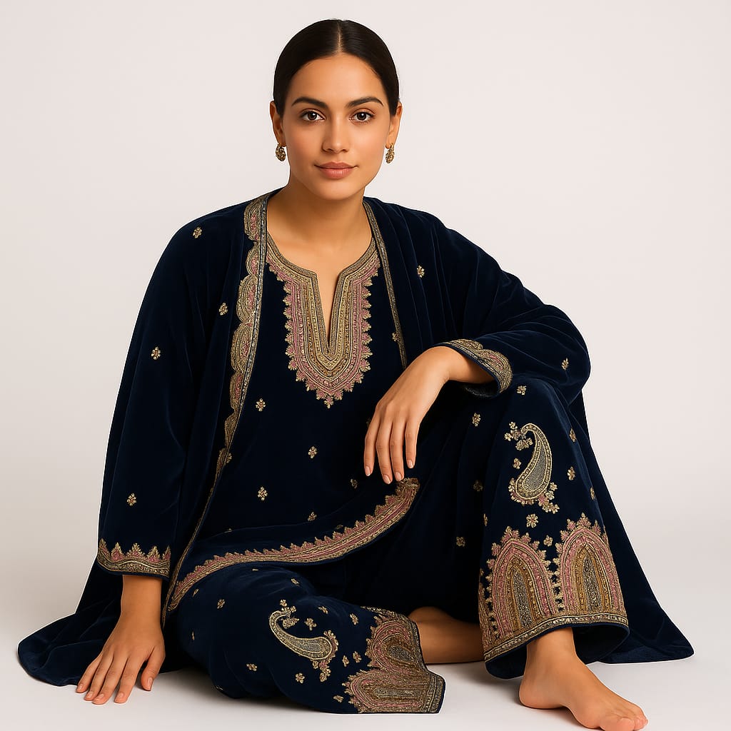 Silakaari Gehraiyaan Dark Blue-Gold Sequin Zari Bridal Pure Velvet Kurti Palazzo Set