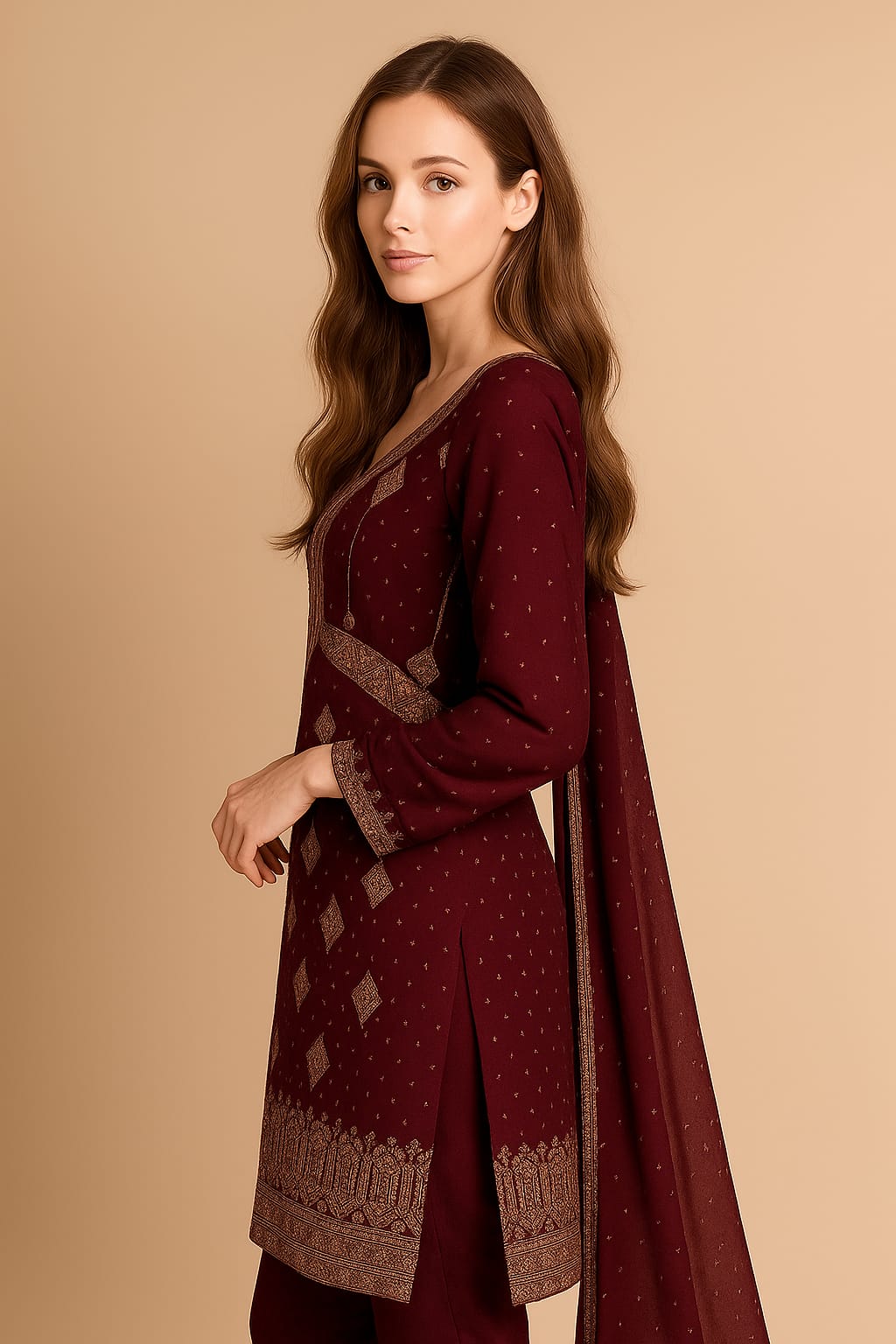 Silakaari Aashna Wine-Gold Pure Dimond Zari Heavy Georgette PartyWear Unstitched Suits