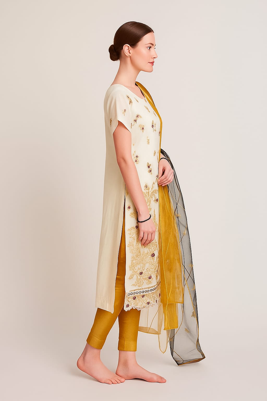 Silakaari Ronak Pure Organza Cream-Maroon Golden Zari Sequin Unstitched Suits