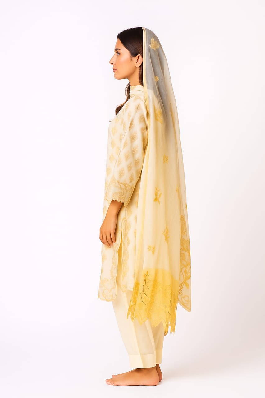 Silakaari Roomani Cream-Gold Heavy Organza Patch Fancy Dupatta Ready-Made Dress