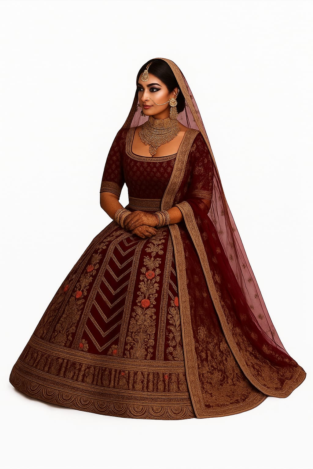 Silakaari Maroon Velvet Bridal Lehenga with Zari, Zarkan & Cutdana Work