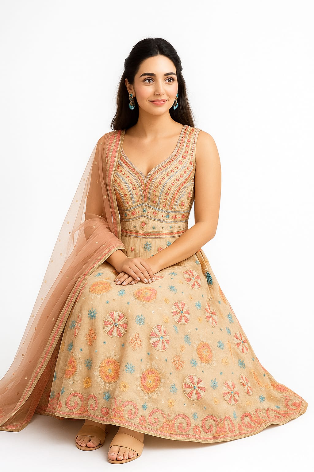 Silakaari Beige Pure Net Heavy Embroidery Mirror Thread Work Unstitched Lehenga Sharara Set
