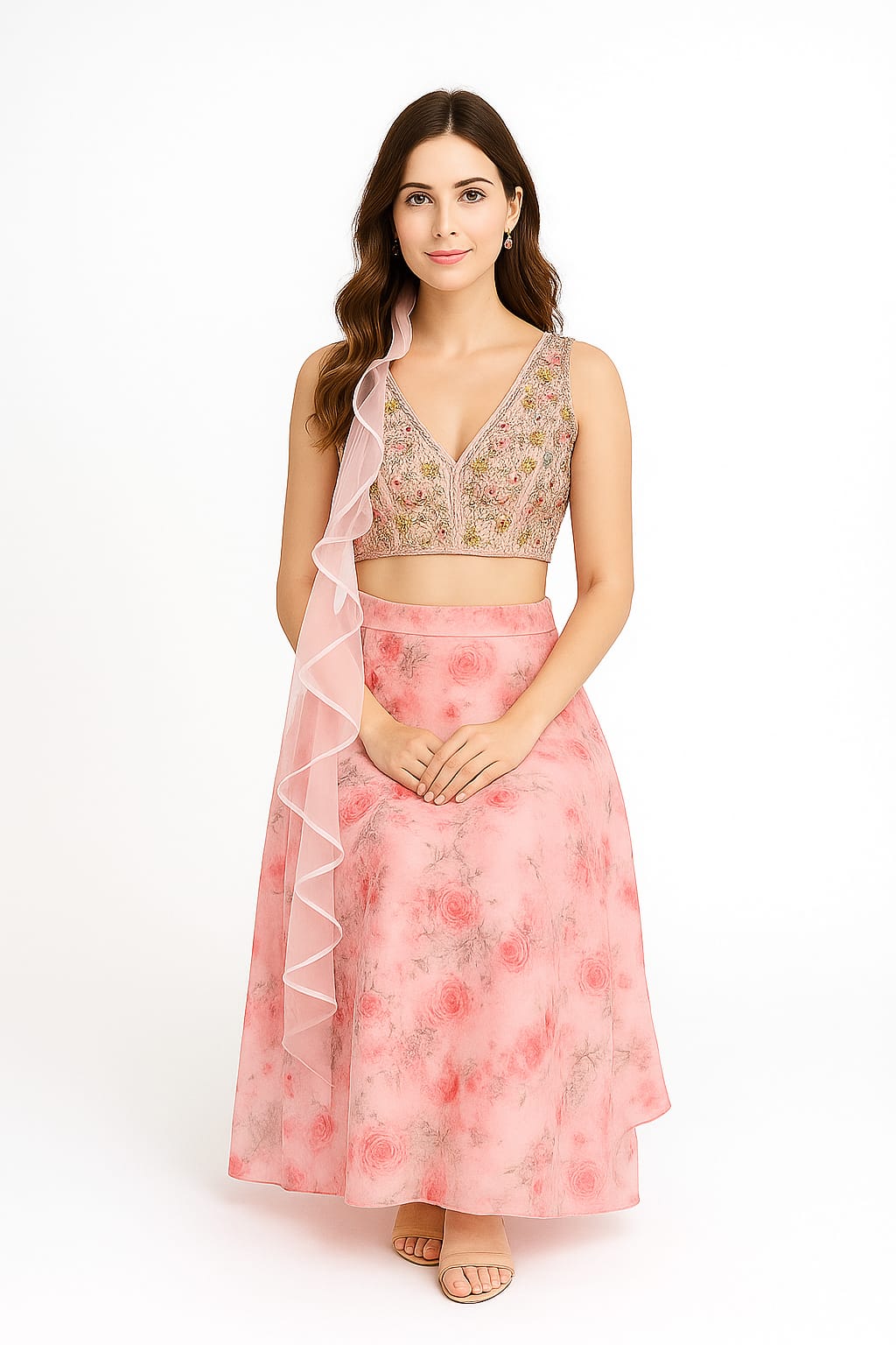 Silakaari Pink Organza Rose Floral Party Wear Lehenga Sharara set