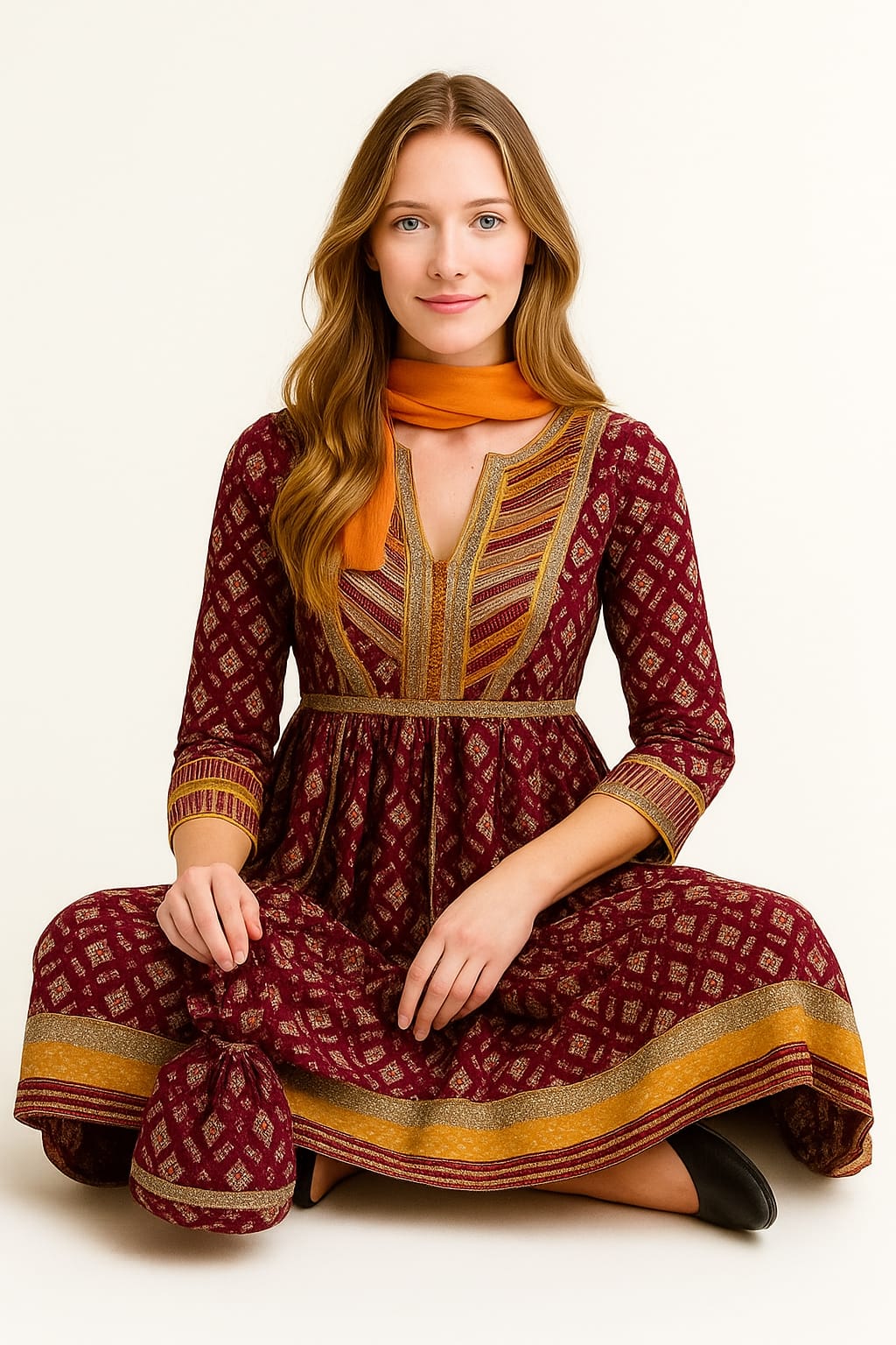 Silakaari Women's Maroon & Yellow Heavy Gotta Patti Full Garara Set With Potli