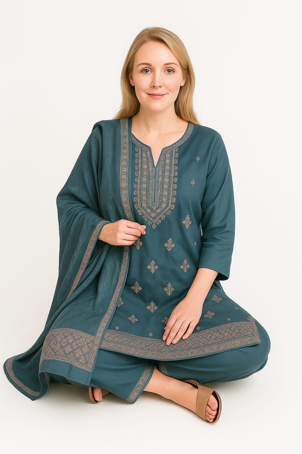 Silakaari Women's Fine Embroidered Dola Silk Kurti Pant Dupatta Set