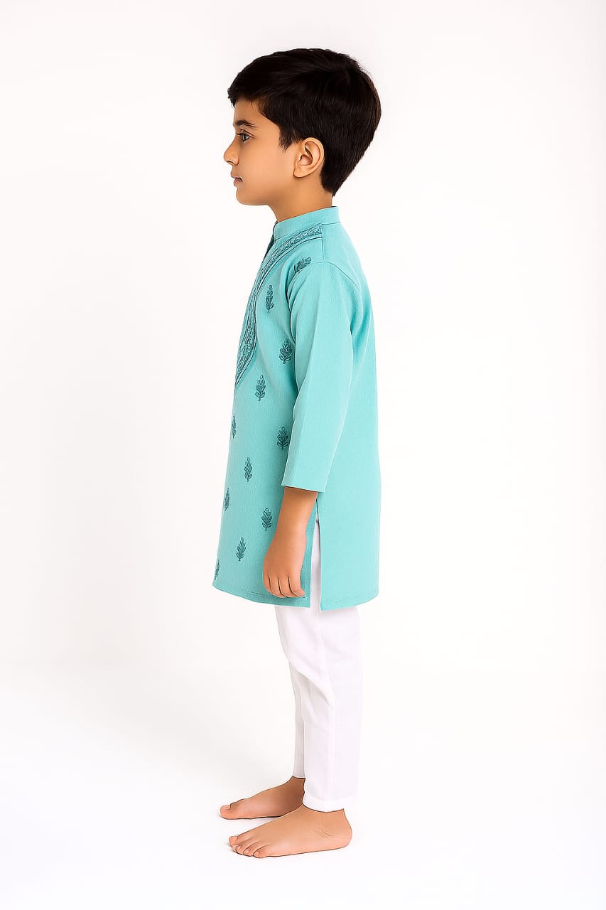 Silakaari Anas Turquoise Pure Lucknowi Chikankari Kurta Pyjama Set For Boys