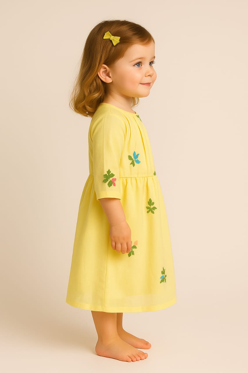 Silakaari Kids yellow Pearl Dress Floral Printed Cinderella Frock For Girls