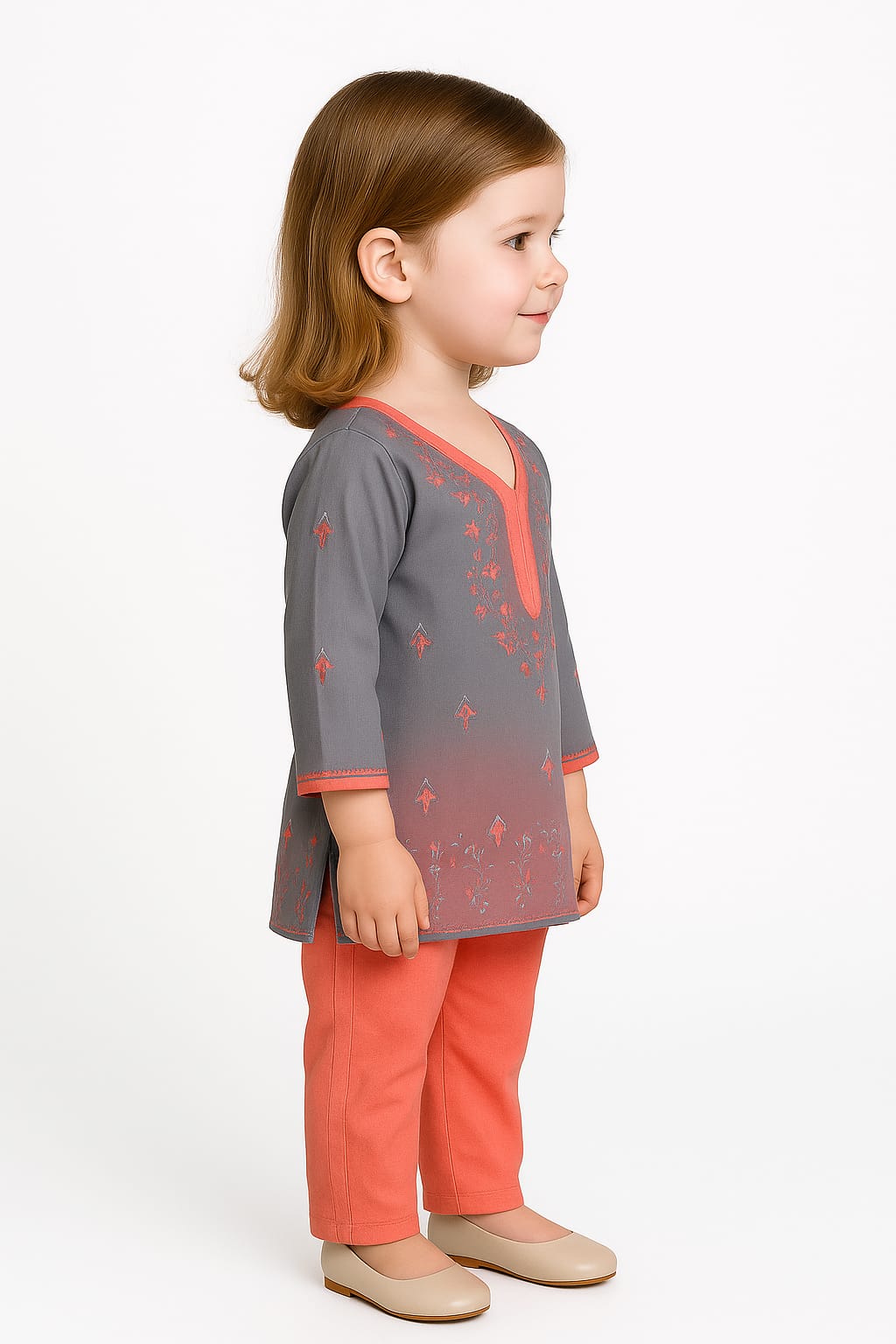 Silakaari Anam Grey-Pink Pure Cotton Lucknowi ChikanKari Kurti Pant Set For Girls