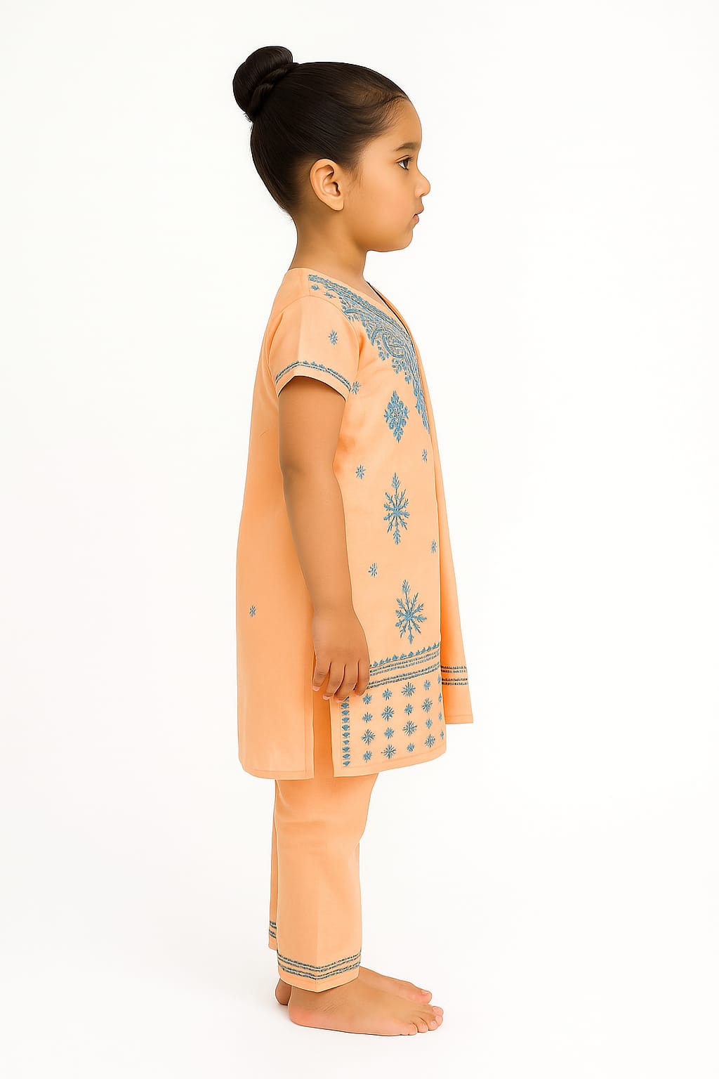 Silakaari Cyna Peach-Green Pure Cotton Lucknowi ChikanKari Kurti Pant With Dupatta Set For Girls
