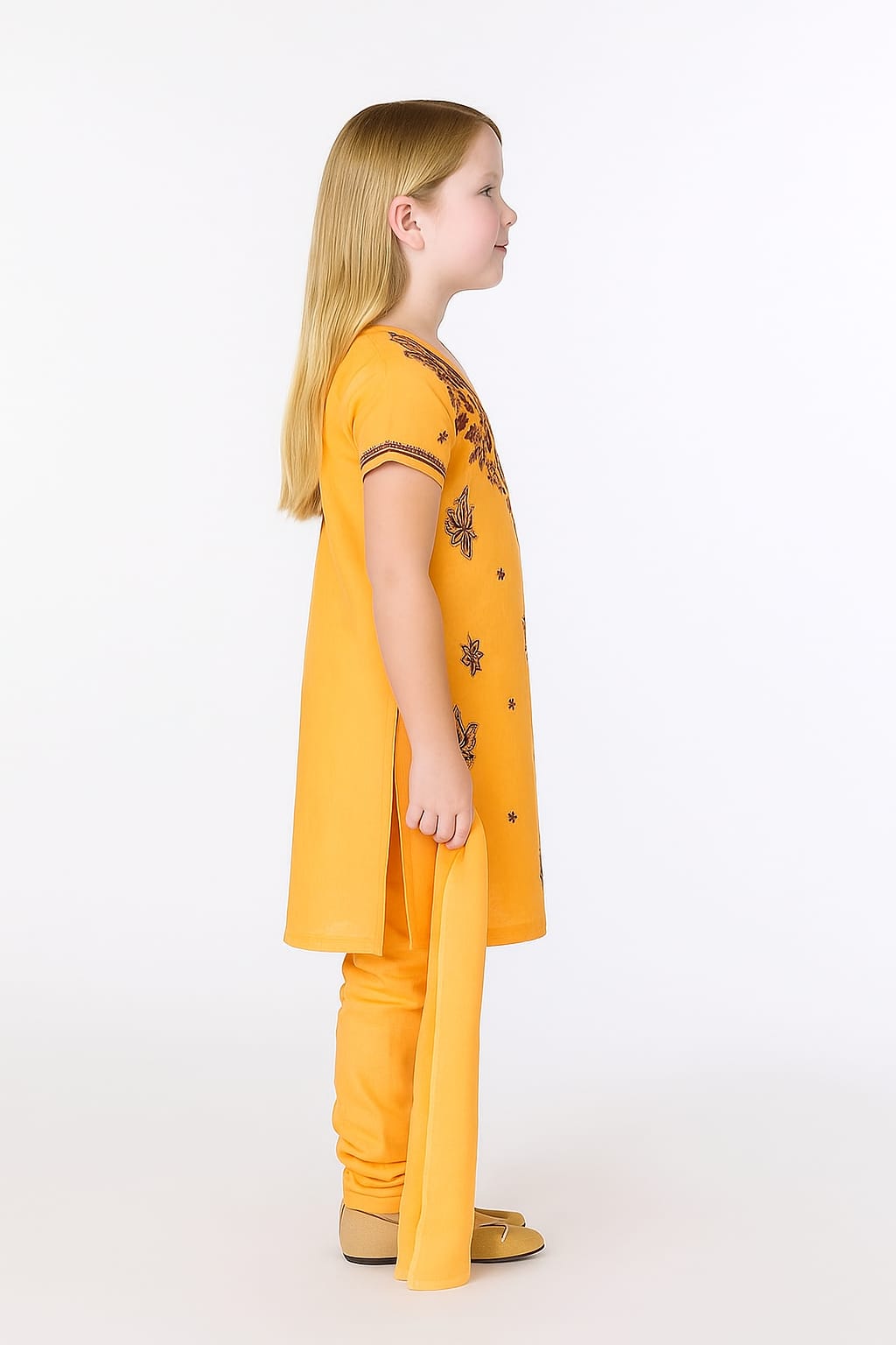 Silakaari Alayna Beige-Brown Pure Cotton Lucknowi ChikanKari Kurti Pant With Dupatta Set For Girls