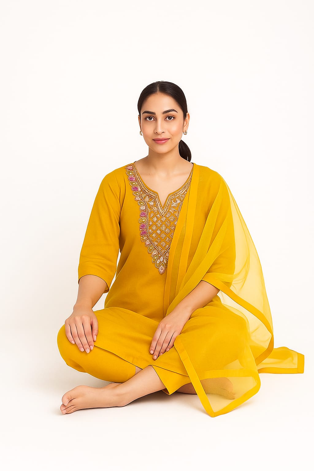 Silakaari Women's Silk Heavy Neckline Theard Moti Floral Embroidered Kurti Pant Dupatta Set