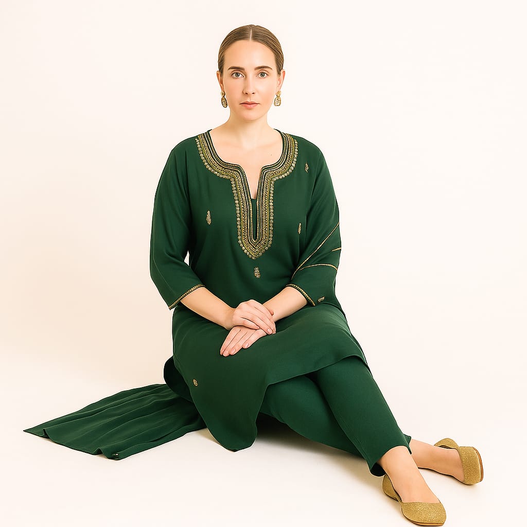 Silakaari Pure Hand-work festive Dark Green Kurti Pant Set