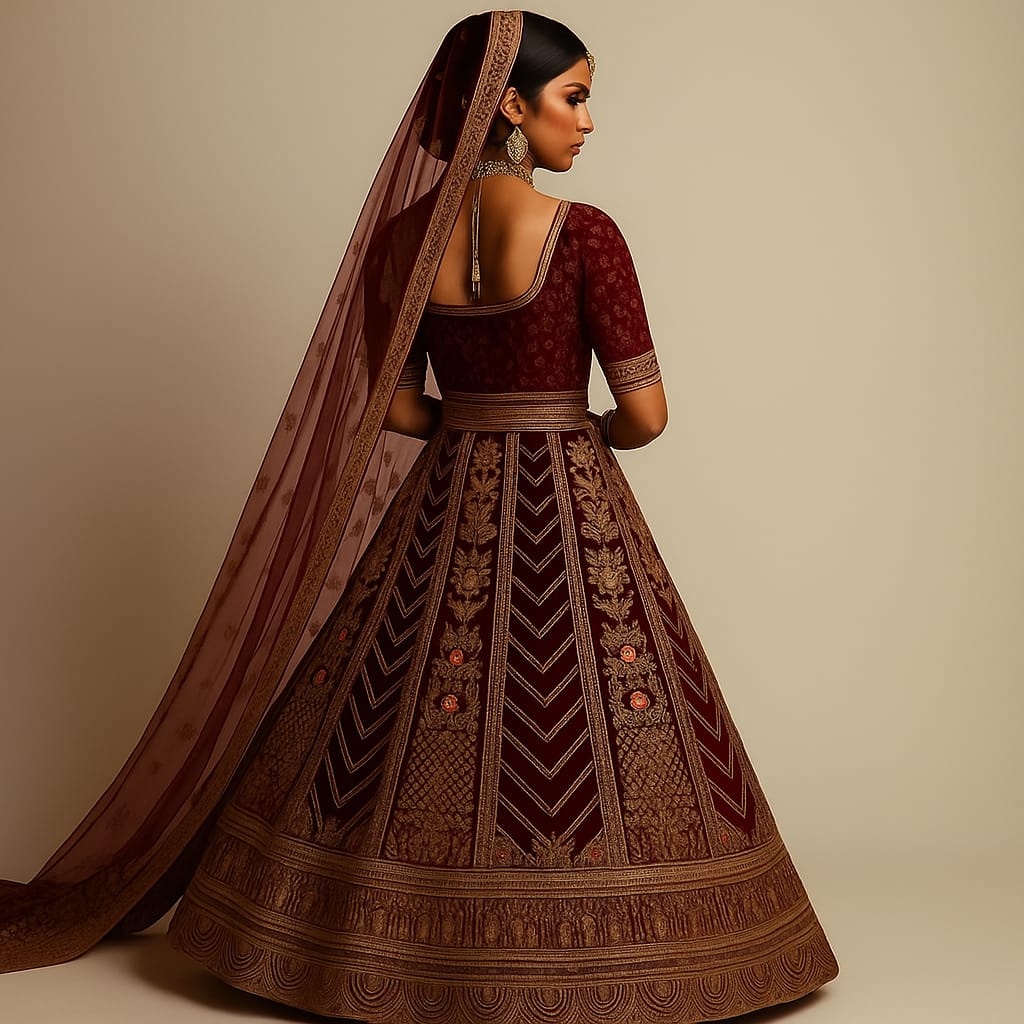 Silakaari Maroon Velvet Bridal Lehenga with Zari, Zarkan & Cutdana Work