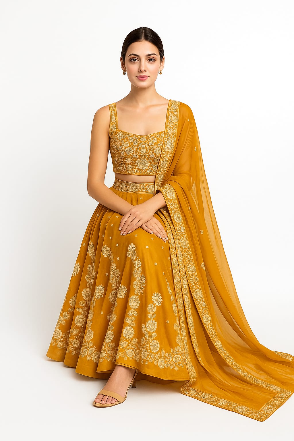 Silakaari Mustard Fancy Floral Sequin Heavy Parywear Unstitched Lehenga Sharara Set