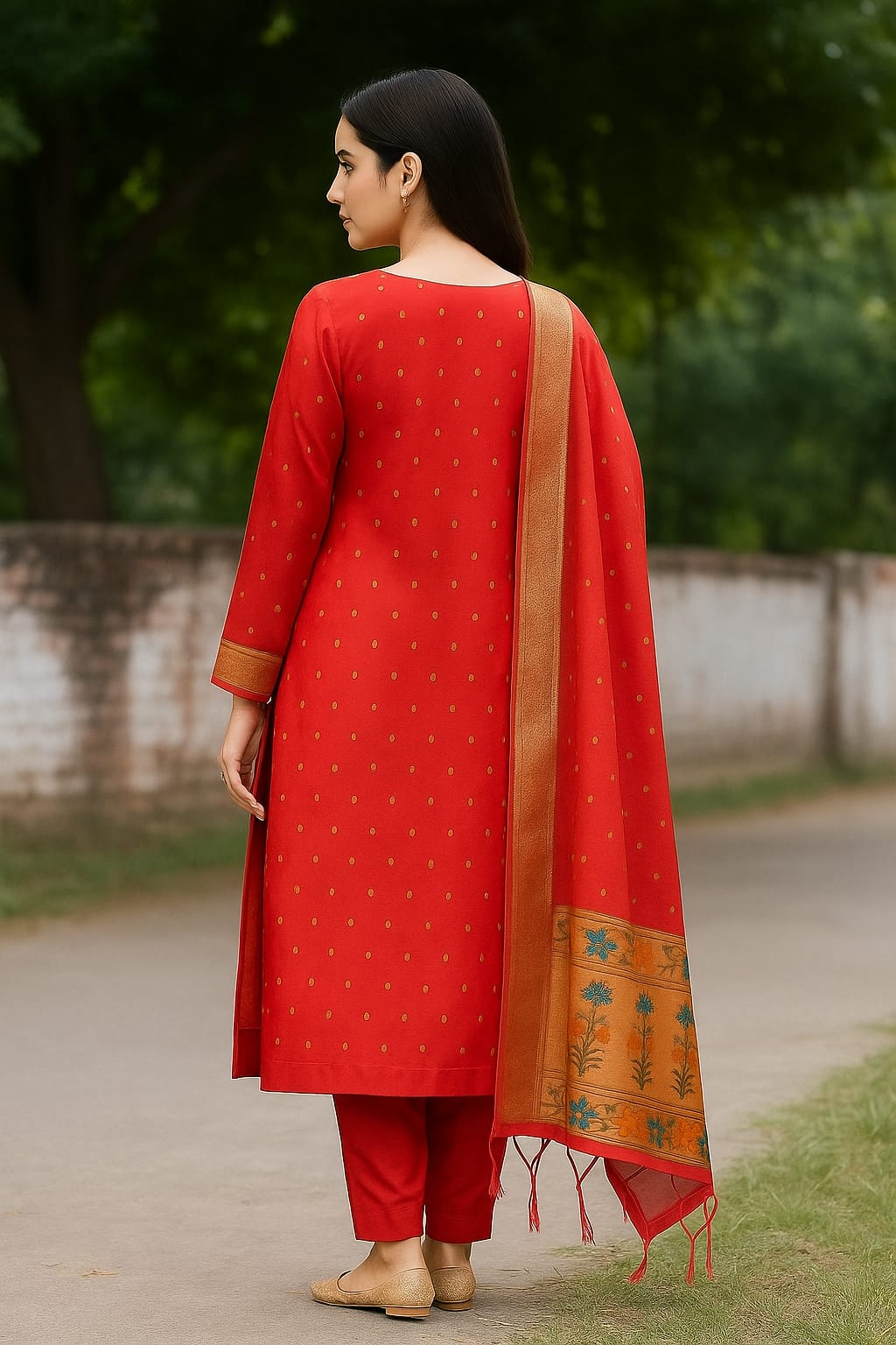 Silakaari Banarasi Silk Woven Zardosi Work & Golden foil Apple Red Unstitched Suit