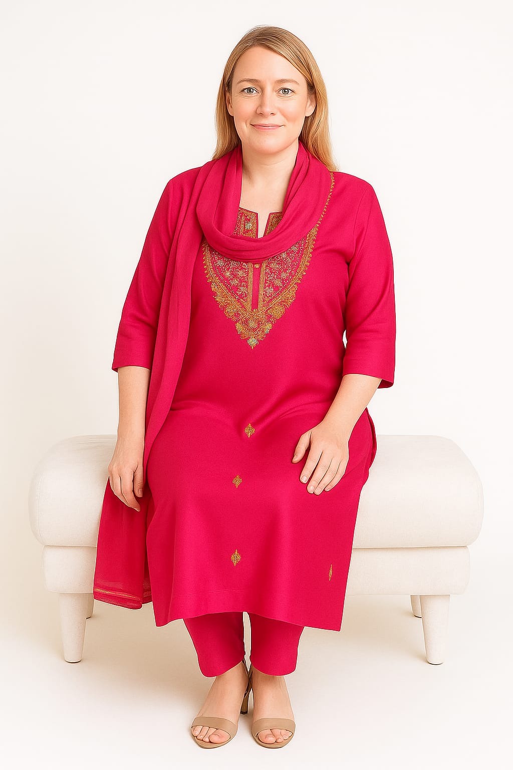 Silakaari Women's Silk Heavy Neckline Theard Moti Floral Embroidered Kurti Pant Dupatta Set