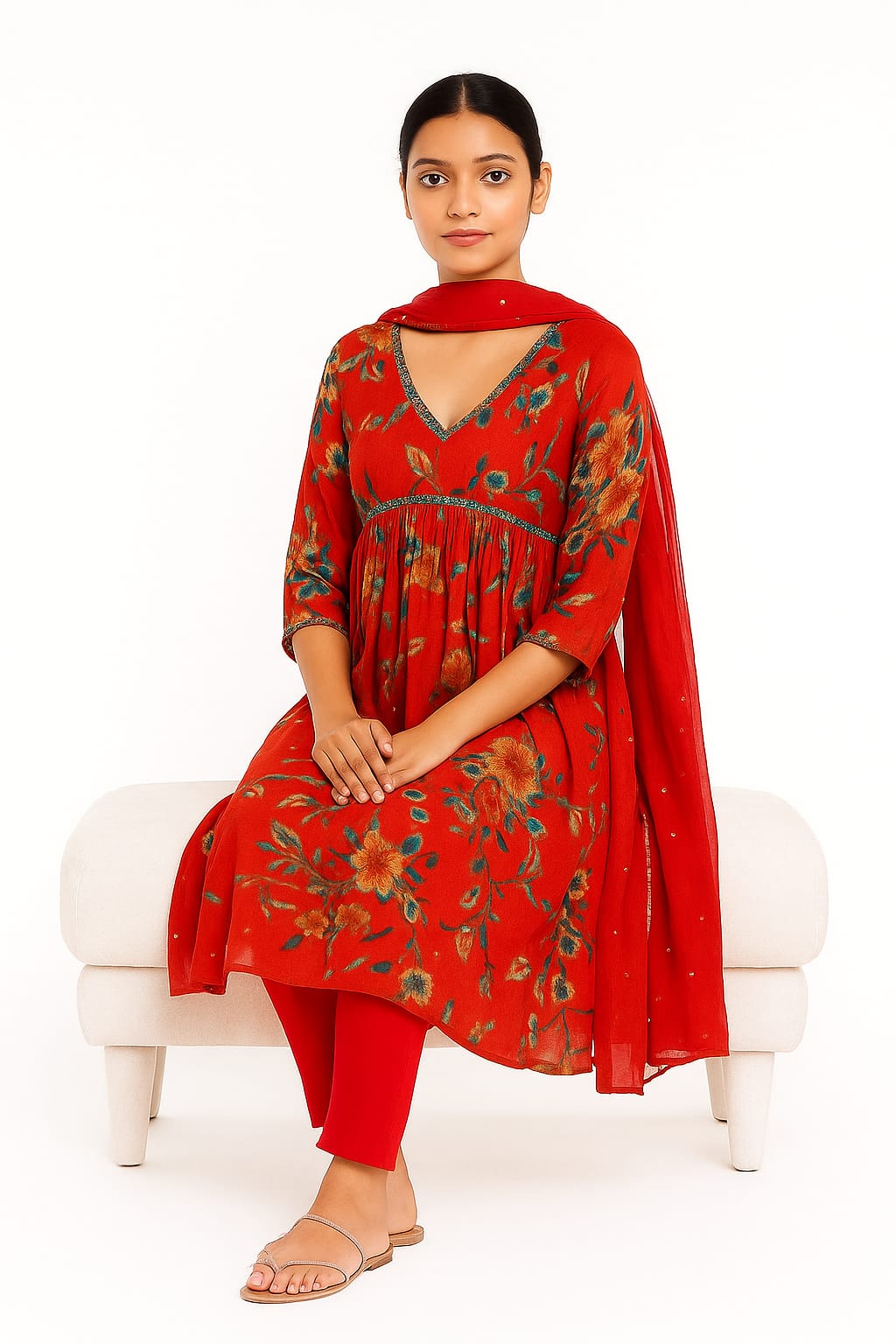 Silakaari Carrot Alia Style Pure Chinon Hand-work Kurti Set with Dupatta
