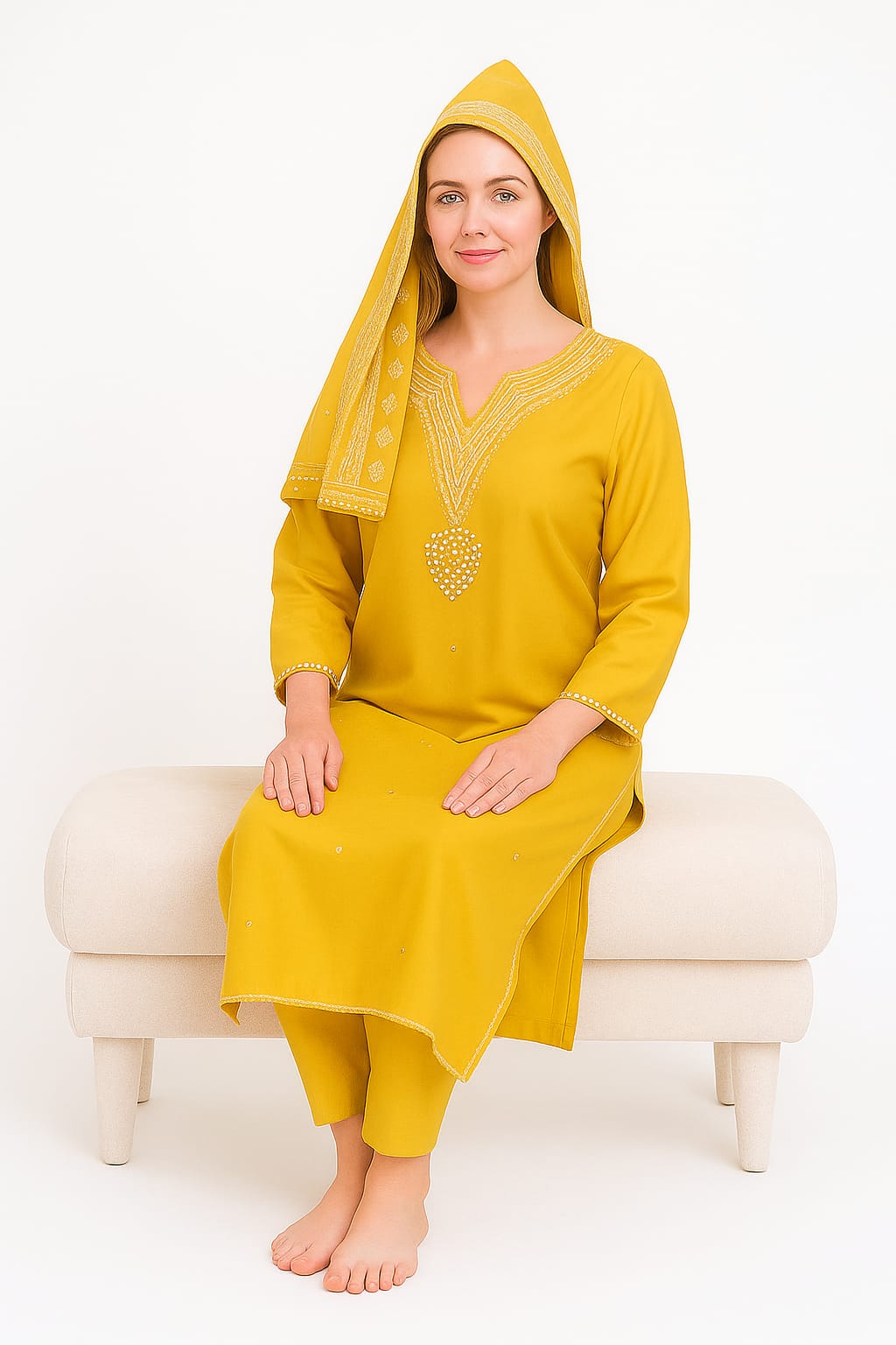 Silakaari Women's V Style Pearl Heavy Embroidered Pure Dola Silk Kurti Pant Dupatta Set